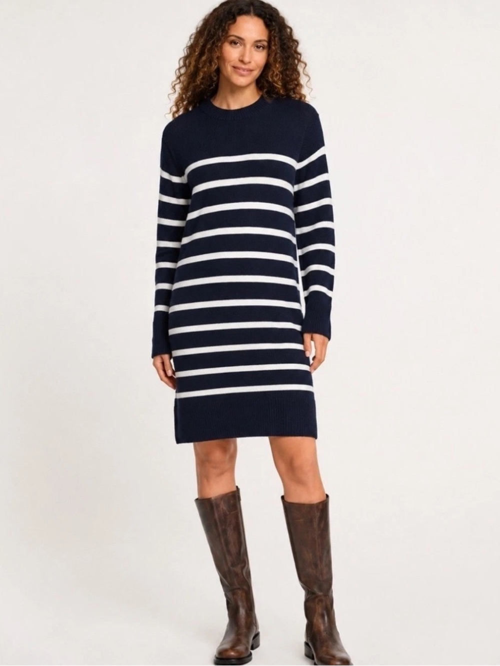 Lands' End Long Sleeve Crewneck Striped Sweater Dress Blue & White XL